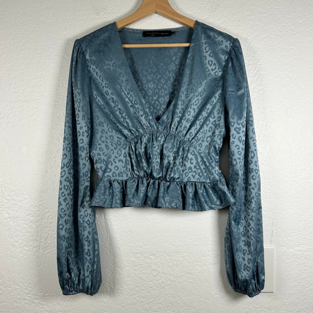 House of Harlow x Revolve Crop Top Blue Leopard Jacquard Peplum Size S